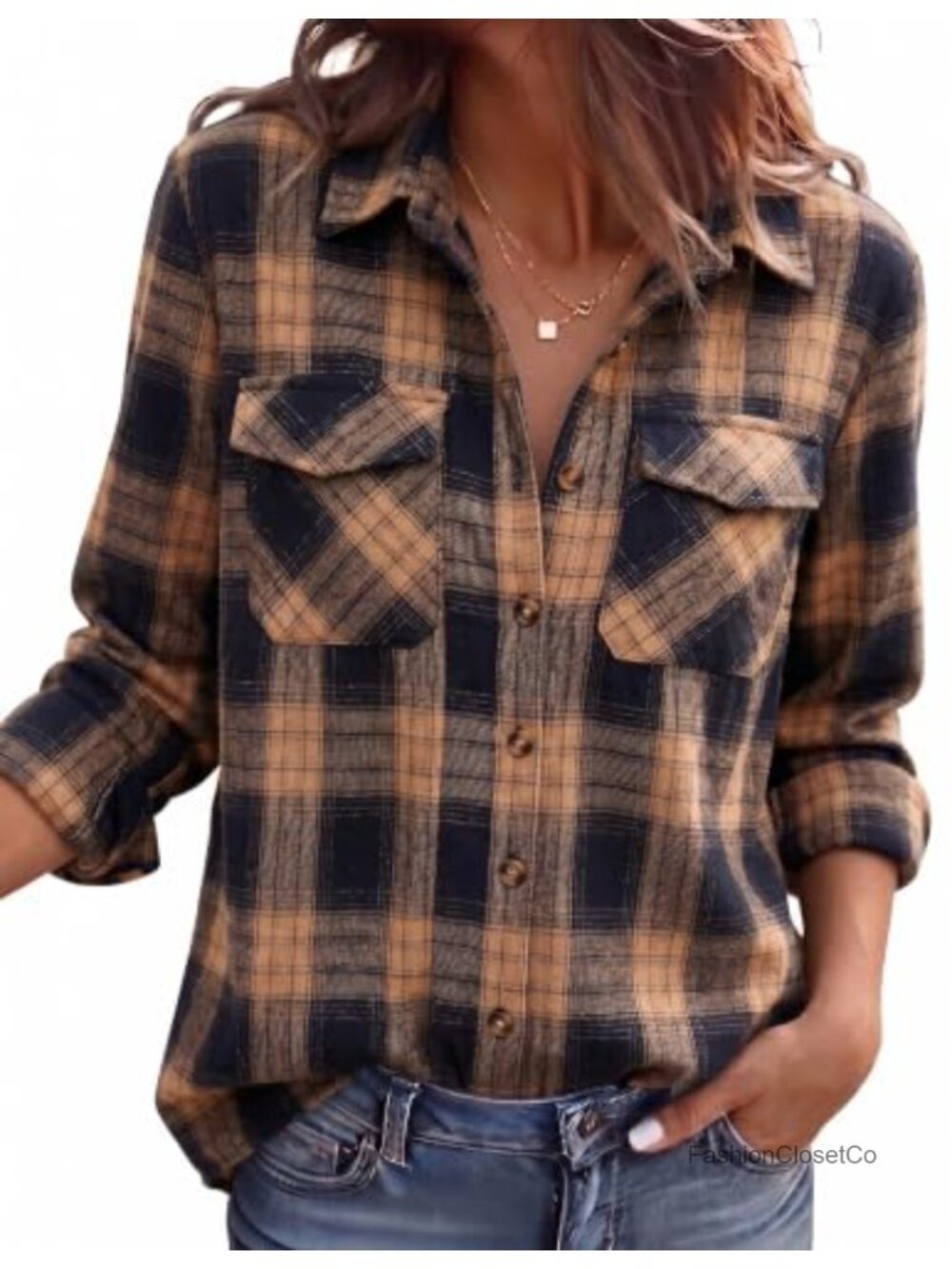 Women's Lightweight Cotton Blend Flannel Button Down Shirt with Pockets
